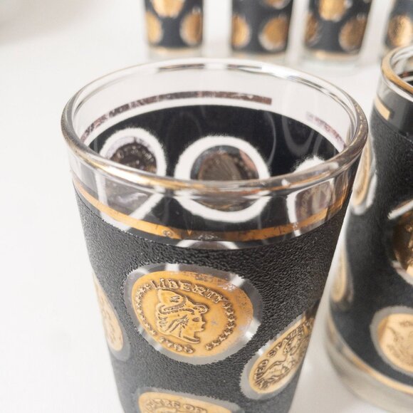 Vintage Libbey black textured 22-karat gold coin glasses MCM 1960s barware (9) - Picture 11 of 16